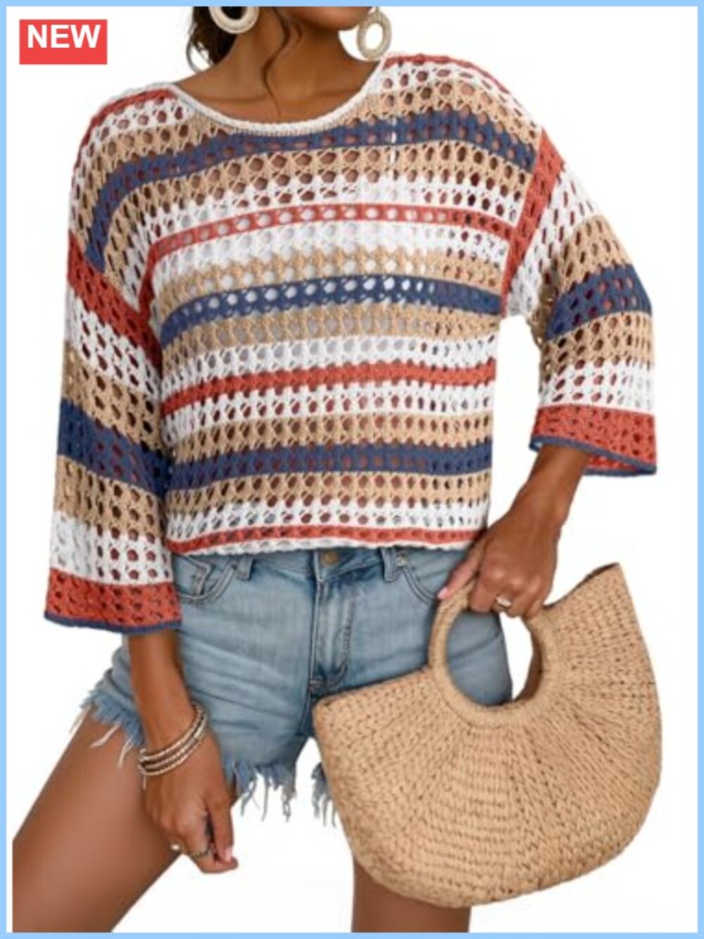Crochet Hollow Out Color Block Striped 3/4 Sleeve Pullover Sweater Cover Up